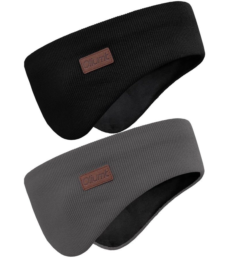 Oliumt Winter Ear Warmer Headband for Men Women Double-Layer Knit Ear Muffs Cover with Fuzzy Lining for Running and Cycling (Black, Dark Grey, One Size) - Image 1
